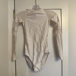 Natalie White Long Sleeve Bodysuit / Leotard – Striped Mesh Detail | Size Small